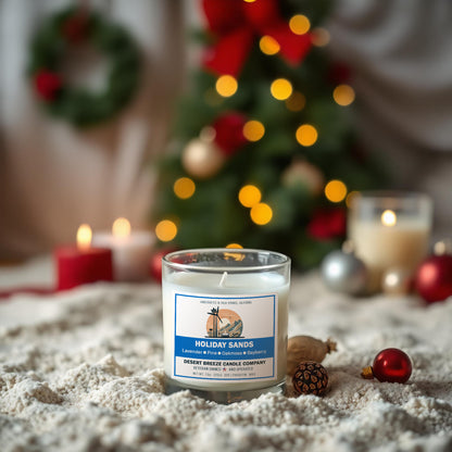 White candle in a holiday setting with christmas tree in background