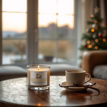 Mesa Vanilla candle on table with warm twilight