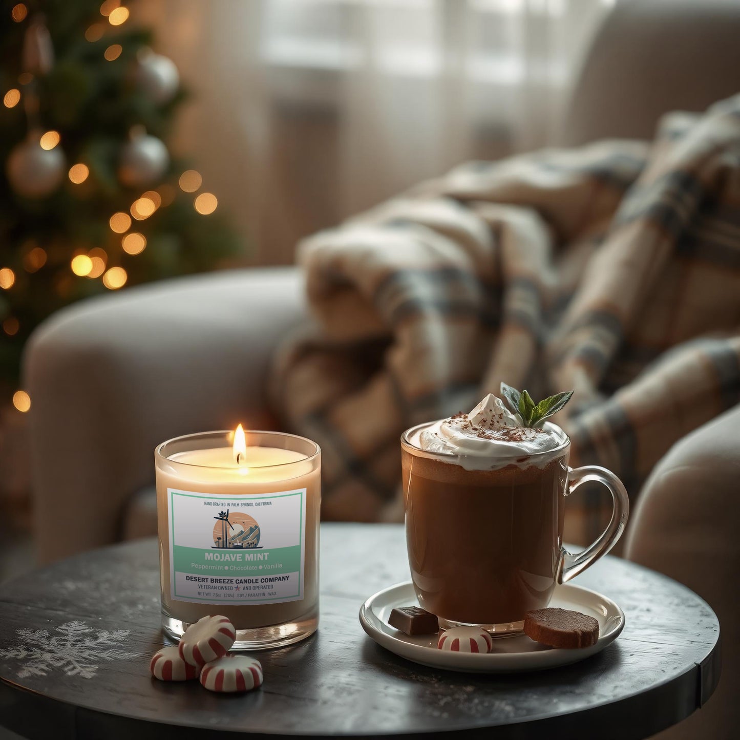 A candle on a table with a mug of Hot Mocha