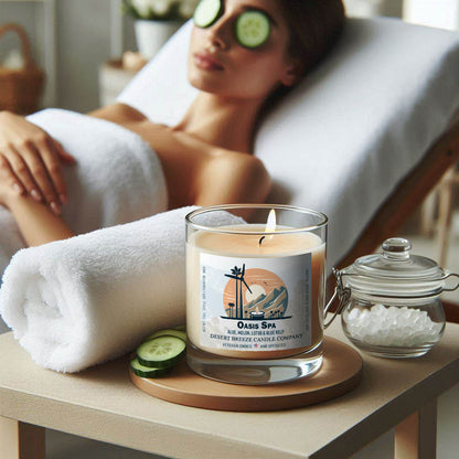 A cream colored candle in a clear tumbler sitting on a small table with woman at a spa in background