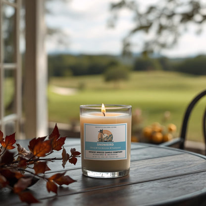 A white candle in a clear tumbler on a patio table overlooking green golf course.