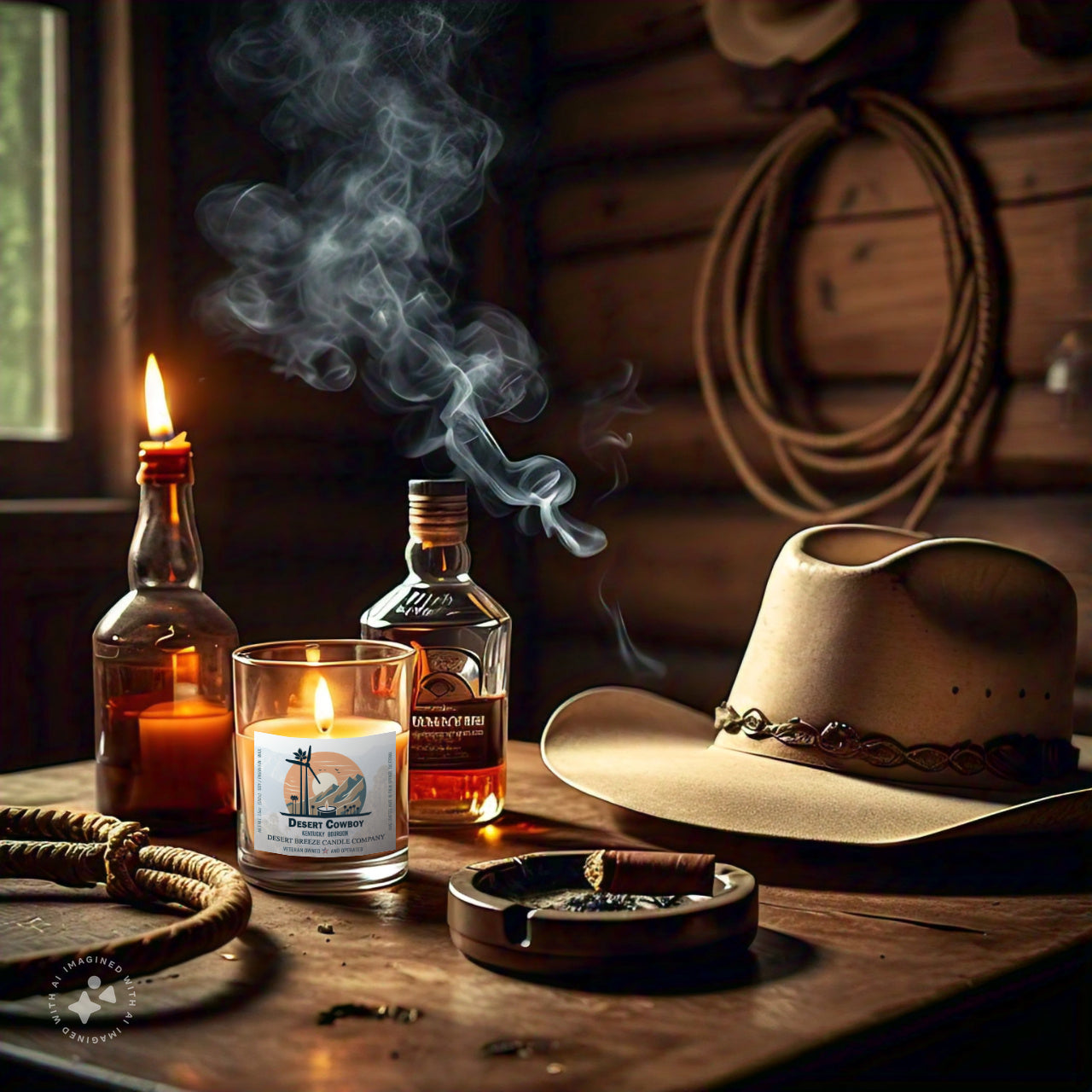 Rustic setting eaturing a Cowboy hat, rope and a candle