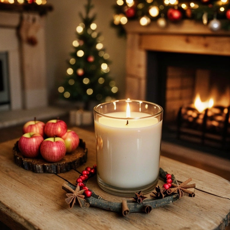 White candle in a chritmas setting with apples and cinnamon